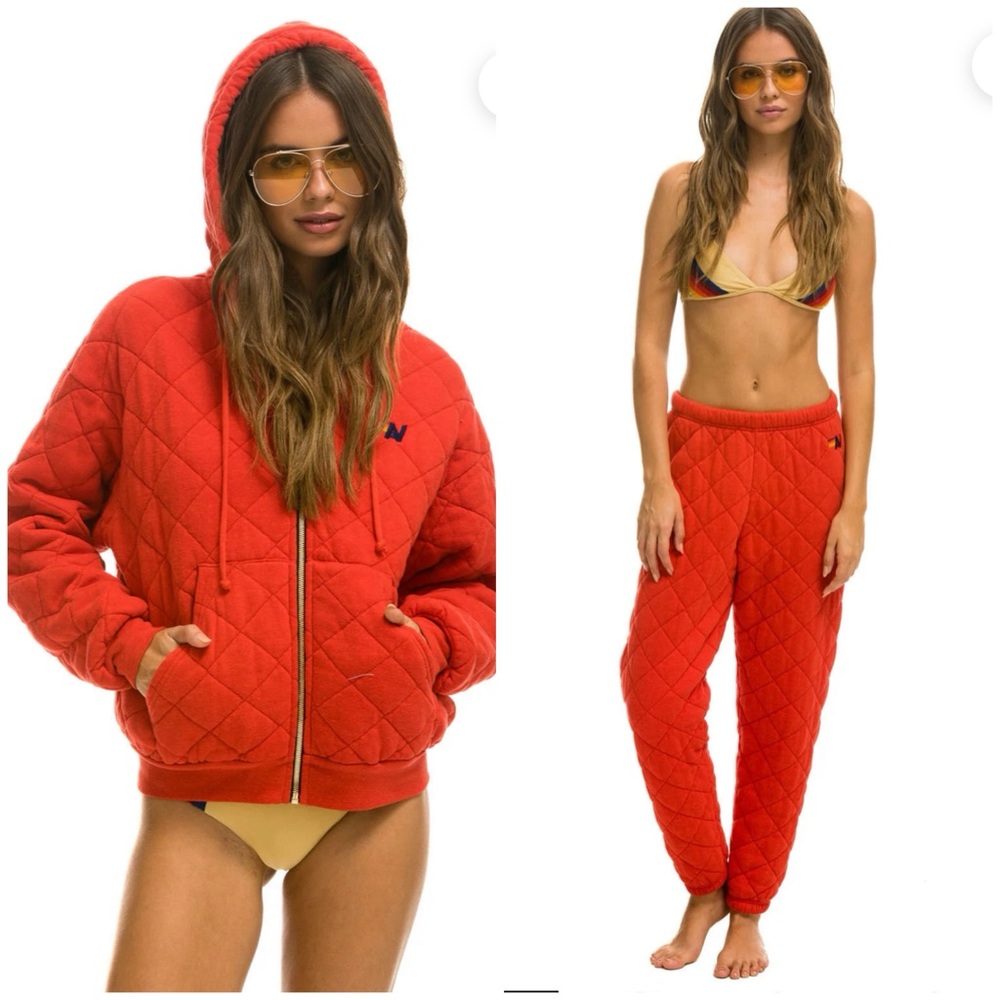 NWT - Aviator Nation Red Quilted Hoodie and Pants Set - size Small
